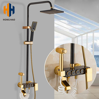 Ensemble de douche à effet pluie en céramique à poignée unique, finition or brossé et touches de piano noires, haute qualité, pour salle de bain