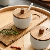 Ensemble de 3 pots à sucre avec couvercle en bois d'acacia et cuillère en céramique, pot à épices en grès, plateau en bois, pots à condiments pour bar à café