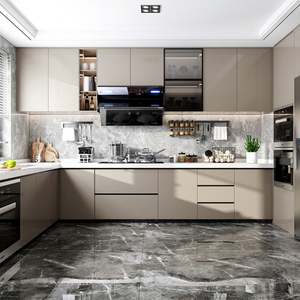 Meubles de cuisine modernes en acrylique beige, ensemble complet de petits meubles, unité de cuisine mobile en PVC, MDF, laque PU, évier - Product Image 6