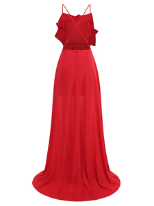 Abito lungo da donna con cinturino Sexy rosso senza maniche stampa floreale elegante <span class=keywords><strong>per</strong></span> feste di compleanno alla moda abbigliamento da sera - Product Image 2