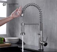 Robinet de cuisine en acier inoxydable 304 à commande tactile, avec douchette extractible, monotrou, à poser sur comptoir, finition dorée