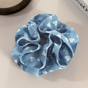 Retro grote haar scrunchies denim blauwe serie liefdeshart haarbandjes dubbele laag paardenstaart haar touw haaraccessoires voor vrouwen - Product Image 5