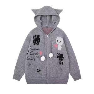 Cárdigan de punto con capucha y cremallera para mujer, diseño de orejas de gato, ajuste holgado, novedad de otoño, suéter abrigo gris antipilling - Product Image 1