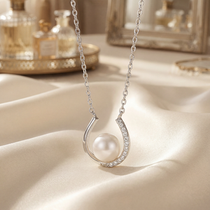S925 Sterling Silver Freshwater Pearl <b>U</b> Shape Pendant Necklace with CZ Lucky Horseshoe Design for Women - Product Image 5