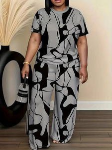 Ensemble décontracté pour <span class=keywords><strong>femme</strong></span> XL-5XL, imprimé floral, haut et <span class=keywords><strong>pantalon</strong></span> large, motif uni, deux pièces, vêtements pour <span class=keywords><strong>femme</strong></span>, été 2026 - Product Image 5