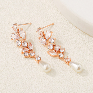 RAKOL EP1135 <b>fashion</b> Luxury Rhinestone Gold Plated Zircon Flower Pearl Strip Women Long <b>Drop</b> <b>Earrings</b> - Product Image 6