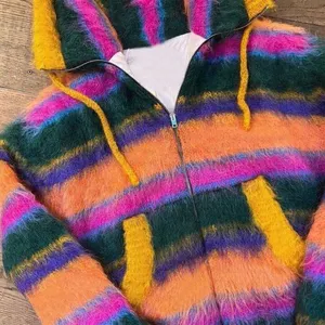 YSJY Custom Zip Up Mohair Hoodies Unisex Übergroße dicke Fuzzy Wool Blend Stripe Gestrickte Frauen Männer Mohair Sweater