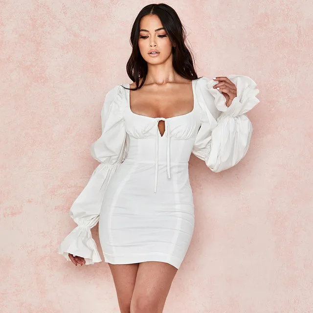 White Long Sleeve Ladies Fashion Dress Low-cut Backless Sexy Tight Ruched Casual Dresses