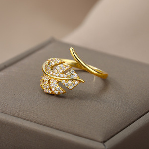 Go Party-Anillo de Hojas de cobre chapado en oro de 18K para mujer, sortija ajustable abierta, joyería elegante, circón dorado - Product Image 4