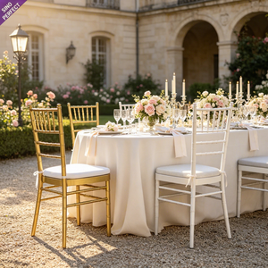 Chaise de salle à manger en métal doré, style Chavari, Chivari, Tiffanie, Champagne, Bambou, pour événements de jardin et mariages, à louer - Product Image 1