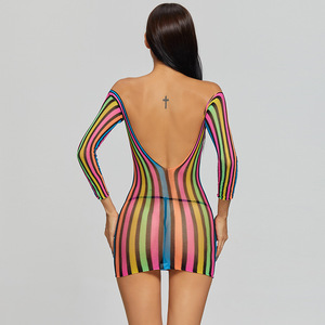 Robe moulante en résille à rayures arc-en-ciel pour femme, tenue de soirée à épaules dénudées et manches longues - Product Image 2