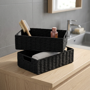 Panier de rangement pliable rectangulaire noir en jacinthe d'eau tressée, rustique, écologique, léger et polyvalent - Product Image 4