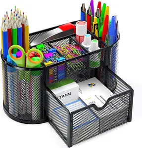 डेस्कटॉप ऑर्गनाइज़र कार्यालय आपूर्ति 8 डिब्बों और 1 दराज डेस्क ऑर्गनाइज़र के साथ बहु-कार्यात्मक पेन होल्डर स्टेशनरी