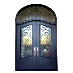 Porte d'entrée battante traditionnelle Qifan en fer noir avec panneaux de verre ornés et design à arche - Product Image 1