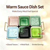 Ensemble de 6 coupelles à sauce en céramique, finition craquelée, petites coupelles à sauce soja avec support métallique pour restaurant et usage domestique