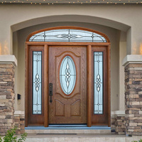 Porte d'entrée principale de villa de luxe, double porte, design en bois massif sculpté, noyer, teck, pivotante, avec vitrage