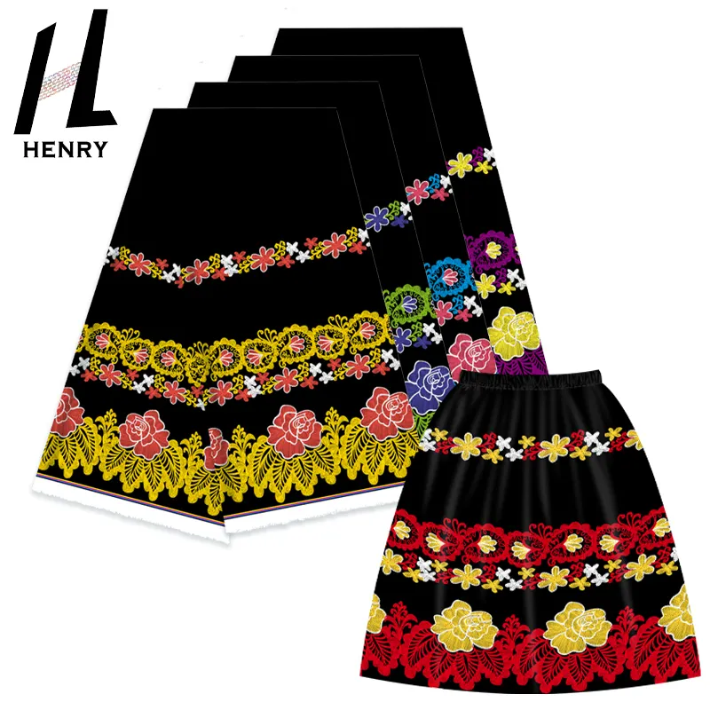 ヘンリーアイランダースタイルデジタルプリント織りツイル100% ポリエステル生地衣服用ソフトムムファッションオールブラックドレススカート