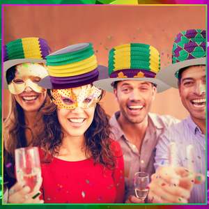 16개 세트 마디그라 축제용 아코디언 파티 모자, 퍼플 그린 옐로우 색상 마분지 접이식 종이 탑 햇 - Product Image 3