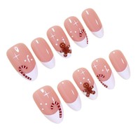Lot de 24 faux ongles de Noël à presser, style français blanc, avec motifs de bonbons et de bonhommes en pain d'épices scintillants, faciles à appliquer, accessoires en ABS