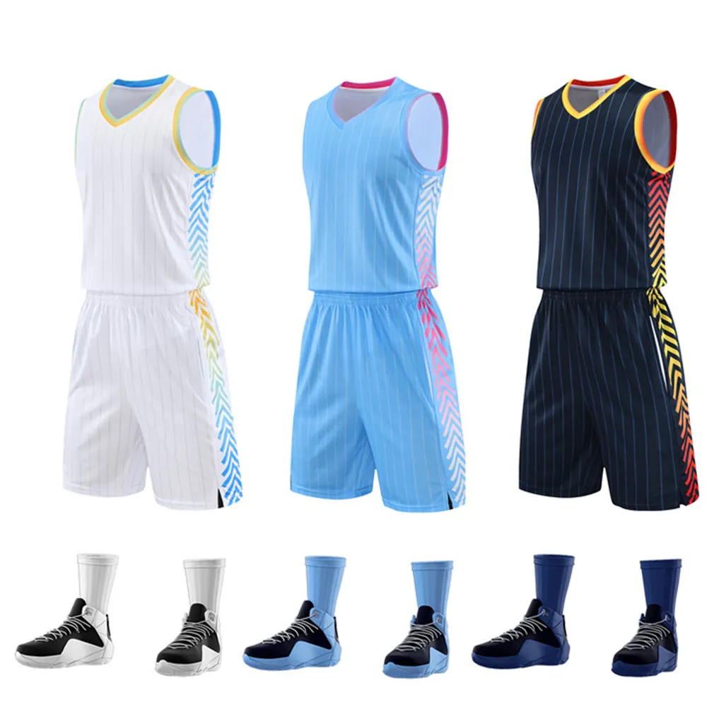 Großhandel Streifen Basketball Team Uniformen Set individuell gestalten Sie Ihr eigenes sublimiertes Herren Basketball Trikot