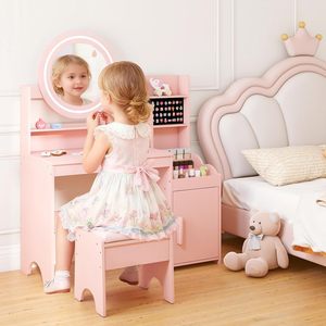 Tocador de Princesa con Espejo, Estantes de Almacenamiento y Luces LED Ajustables, Set de <span class=keywords><strong>Mesa</strong></span> de <span class=keywords><strong>Maquillaje</strong></span> y Banco <span class=keywords><strong>para</strong></span> Niñas Pequeñas - Product Image 2