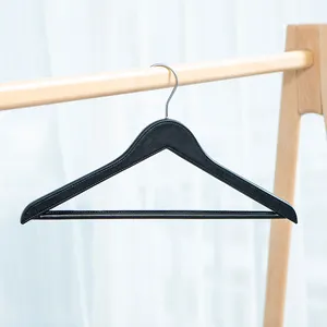 Wholesale Luxury PU Leather Wooden Hangers Garment Clothes Store Display Wooden Heavy Duty Leather Sleeve Hangers