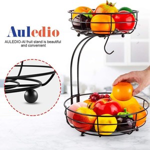 Double Layer Wrought Iron Fruit Basket Black Round <b>Standing</b> Modern Kitchen Storage With Banana Hook For Home Indoor Outdoor Use - Product Image 2