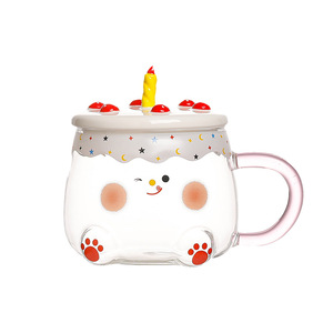 Tazas de vidrio irrompibles resistentes al calor, regalo de cumpleaños, taza de café de vidrio con tapa, forma de pastel, tazas de vidrio bonitas - Product Image 1