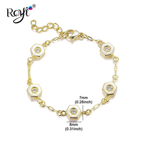 Bracelet hexagonal en or 14 carats pour femmes, finition brossée, breloques avec pierres CZ, chaîne délicate, fermoir à ressort réglable, bijoux - Product Image 2