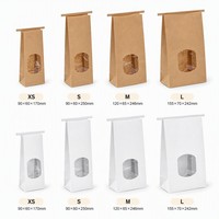 Sac en papier kraft à fenêtre avec fermeture à lien, fond plat, doublure PE de qualité alimentaire, 4 tailles, impression personnalisée OEM, emballage pour boulangerie, pain, café