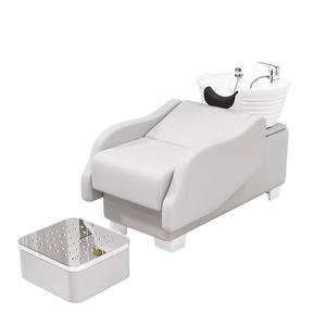 Fauteuil de lavage hydraulique inclinable en cuir PU noir avec lavabo en céramique pour salon de coiffure - Product Image 1
