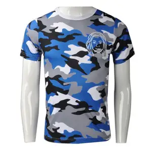 T-shirt Kamuflase Pria Trendi Desain Camo Kaus Lengan Pendek Biru Abu-abu Logo Kustom Kosong