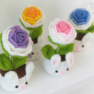 Handmade Knitted <b>Artificial</b> <b>Flower</b> Rose Bonsai with Creative Rabbit Doll Yarn Knitting Christmas Gift-13cm Modern Home Decor - Product Image 4