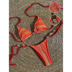 Ensemble Bikini pour femmes, Orange, rouge, à lacets, avec embellissements métalliques, pour la natation et les sports nautiques, ensemble 2 pièces - Product Image 2
