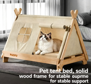 Solid Wood Cat <b>Bed</b> Tent Elevated Pet <b>Cave</b> With Removable Washable Cover For Indoor Cats Minimalist Design - Product Image 2
