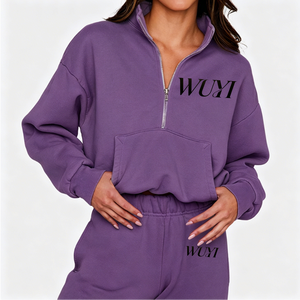 Women Autumn Embroidered Stand Collar Quarter-Zipper Hooded Sweatshirt Fashion Sport Gym Hoodie Painted <b>Set</b> - Product Image 3