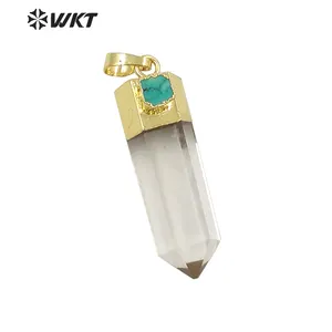 WT-P1405 Hexagon Shape Crystal With Round Shape Green Stone Charm Gold Capped Pendant Natural Clear kristall quarz Pendant