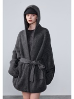 Cardigan à capuche vintage 100 % cachemire pur, écologique, pour femme, coupe oversize, ouvert sur le devant, avec ceinture, épais, chaud, côtelé, pour l'hiver