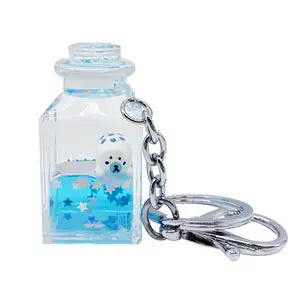 透明水晶DIY钥匙扣瓶子形状流沙液体钥匙圈与公主图浮动钥匙圈
