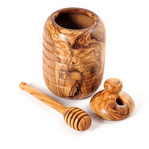 Pot à miel en bois fait main avec couvercle et cuillère, style rustique, design grain de bois naturel, pour la cuisine - Product Image 1
