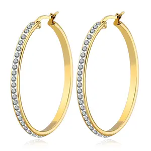 2024 Wholesale Fashion Titanium Jewelry Gold Naturl Steel Plated Big Hoop Clip Rhinestone Earrings Women Stainless Steel Hoops