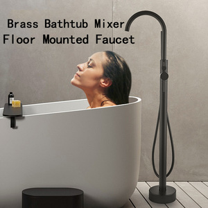 Sistema de ducha independiente de latón negro mate con grifería de cerámica para suelo, mezclador de bañera, grifo, barra deslizante, 1 manija y rociador suave - Product Image 2