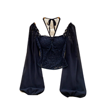 Chemisier court élégant pour femme, style français, col halter carré, avec empiècements en dentelle et manches longues lanternes, pour l'automne