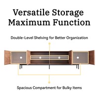 Lemari TV Ruang Tamu Modern OEM dari MDF Walnut dengan Pintu Louvered, Alas Logam, Sistem Manajemen Kabel, Furnitur Rumah yang Tahan Lama
