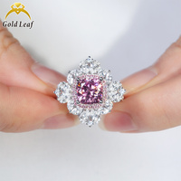 Goldleafgems Yuvarlak Pembe Mozanit Çift Hale Çiçek Şeklinde Gösterişli Yüzük 925 Ayar Gümüş Lüks Kadın Parti İnce İşçilikli Mücevher