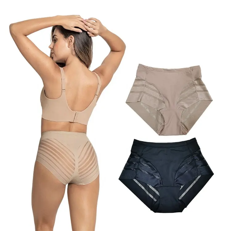 Mulheres Lace Stripe Shaper Calcinha Senhoras Tummy Control Forma Underwear Mid Rise Briefs Com Malha Respirável