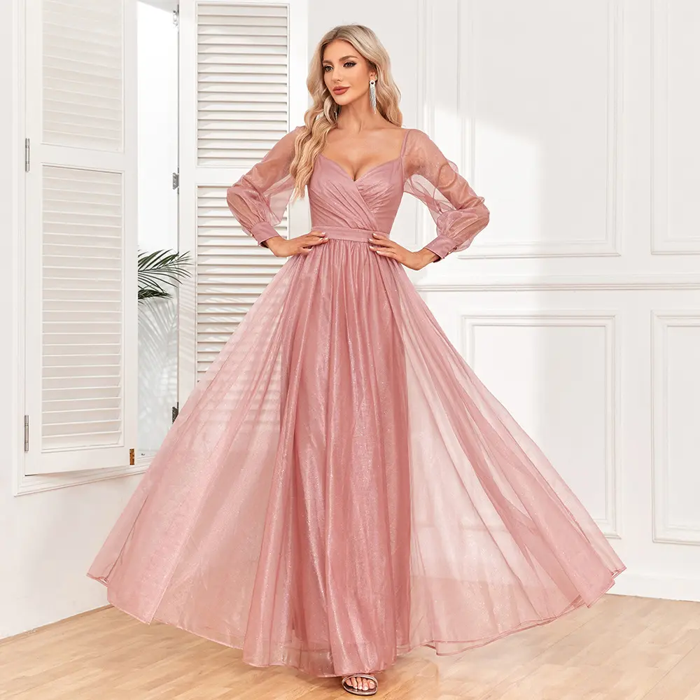 YFS 2024 nuovo elegante abito da sera plissettato schiena nuda manica lunga scintillante tulle abito da sposa rosa completamente foderato
