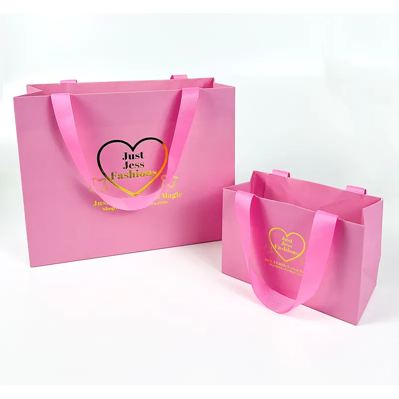 Bolsa De Papel De impresión rosa, Bolsa De Boutique con asas De cinta, embalaje De ropa, bolsas De Papel con logotipo personalizado