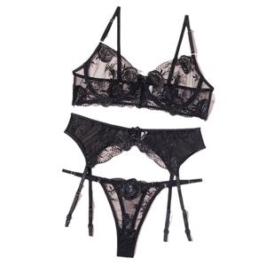 Sexy Geborduurde Mesh Bloemen Lingerie <span class=keywords><strong>3</strong></span>-delige Set Transparant Ondergoed Vrouwen Thong Bh Erotische Lingerie Sensuele Lingerie Set - Product Image 6