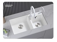 Évier de cuisine double à deux trous en granit quartz moderne à encastrer avec robinet, blanc, épaisseur 3,0-5,0 mm, garantie 1 an